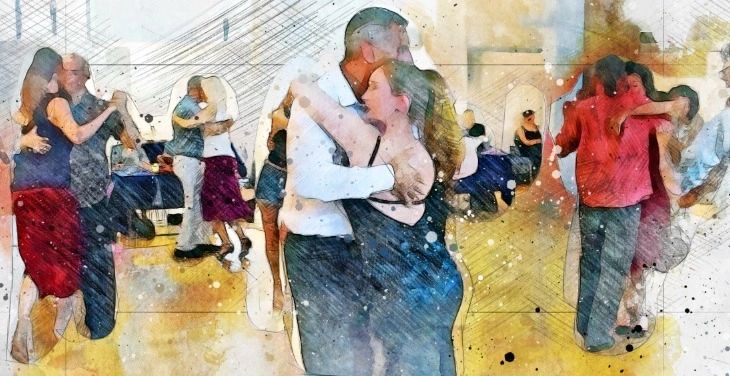 A milonga floor in Colchester, couples dancing in close embrace